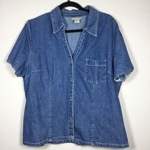Blue denim 100% cotton short sleeve button up shirt western prairie size 16
